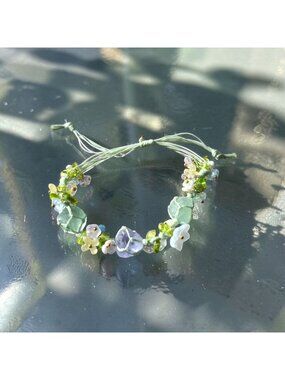 Fluorite Aventurine Bracelet Floral Gemstone Jewelry Adjustable Cord Fairycore